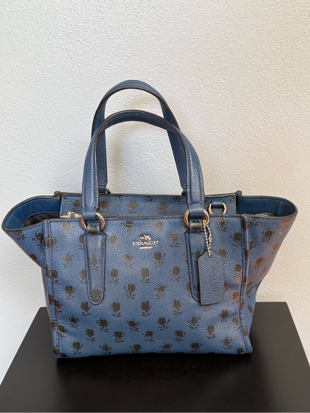 Coach Mini Crosby Carryall in Printed Crossgrain Leather Blue Black Flora